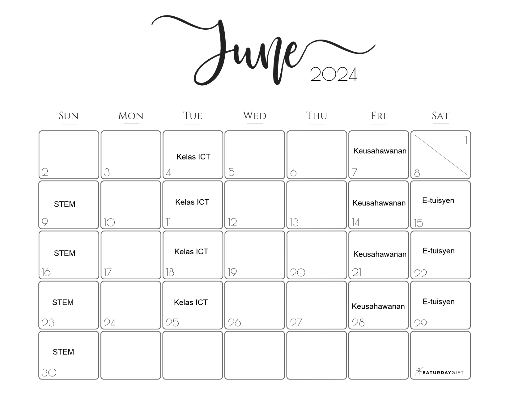 06 JUN Elegant June 2024 calendar Free Printable Horizontal Landscape Black White Sunday Start SaturdayGift page 0001