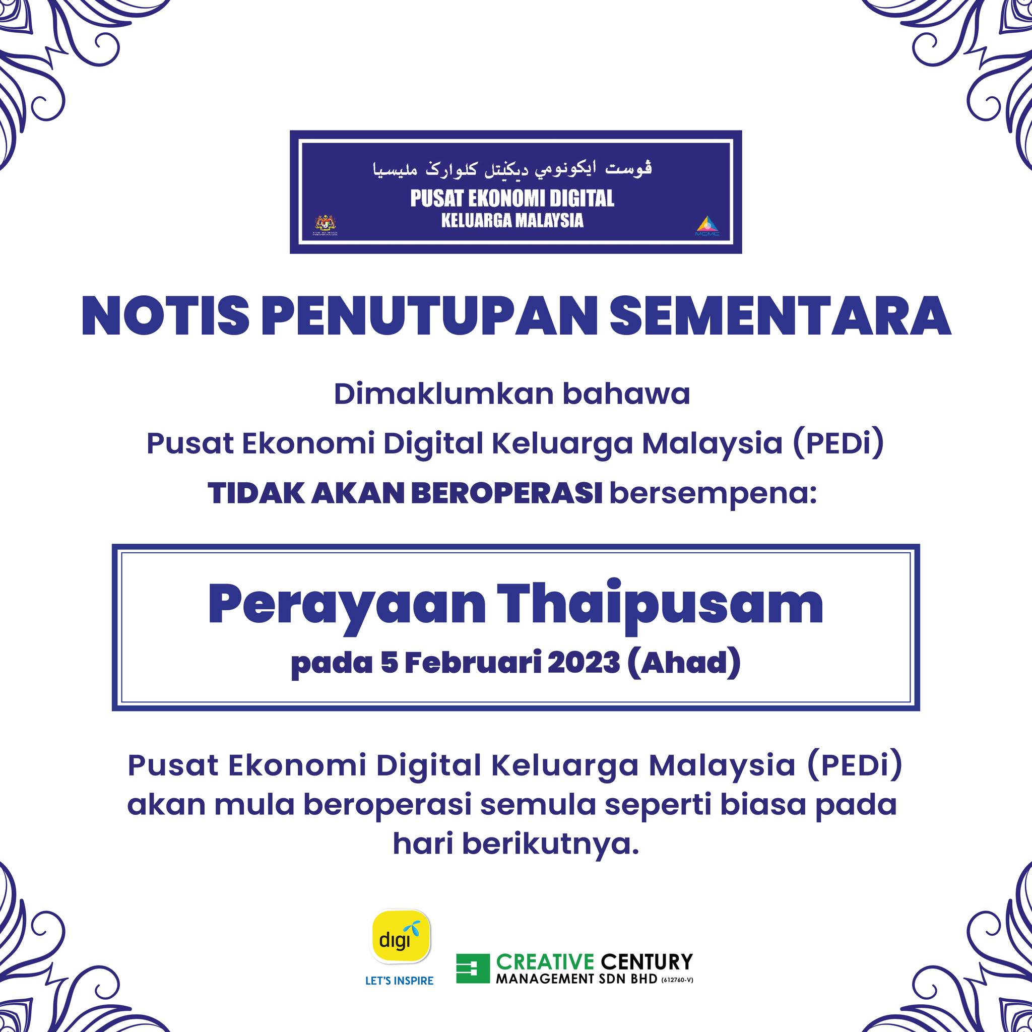 Notis Penutupan PEDI Cuti Peristiwa Hari Thaipusam 2023