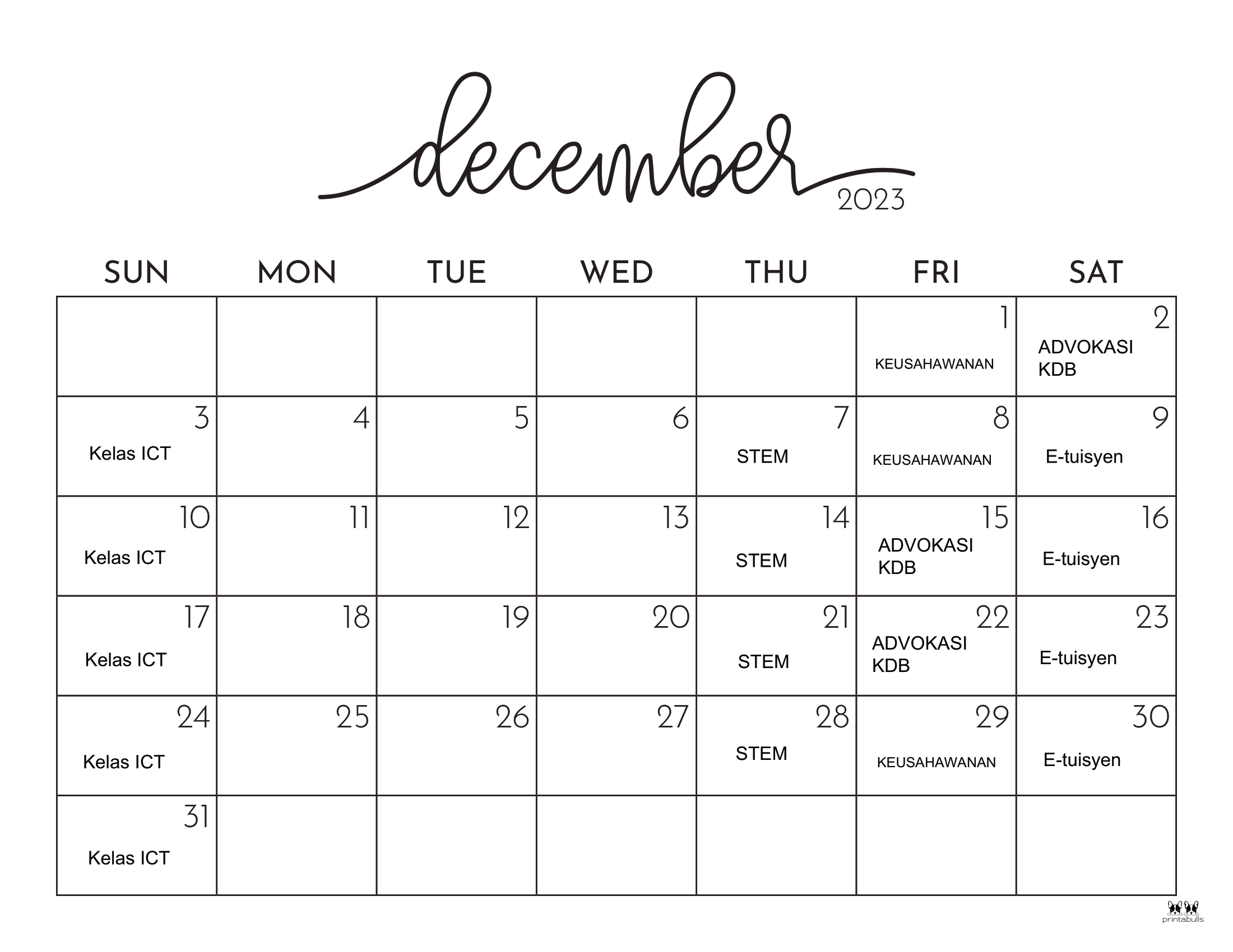 JADUAL AKTIVITI PEDI DISEMBER 2023