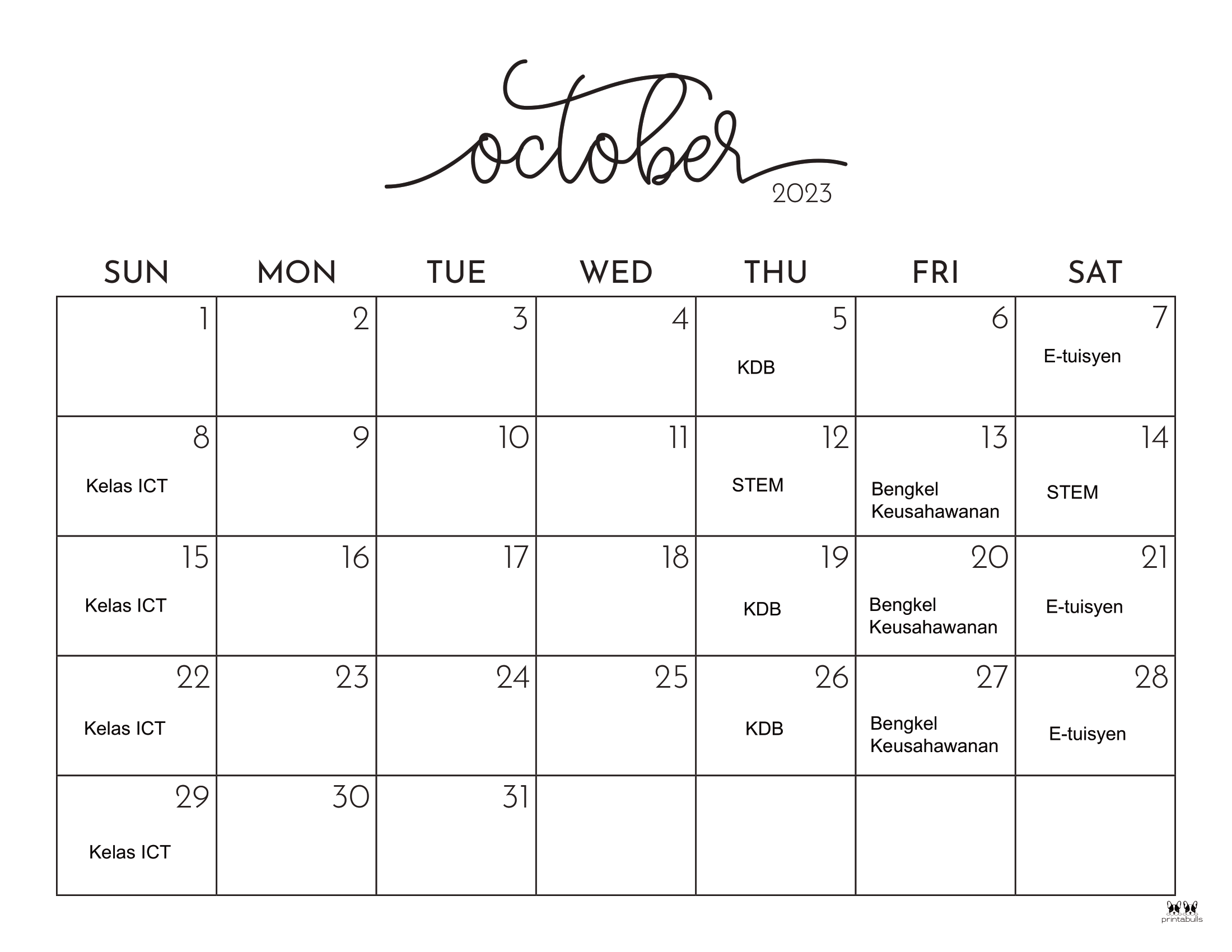 Jadual Aktiviti PEDi Oktober 2023