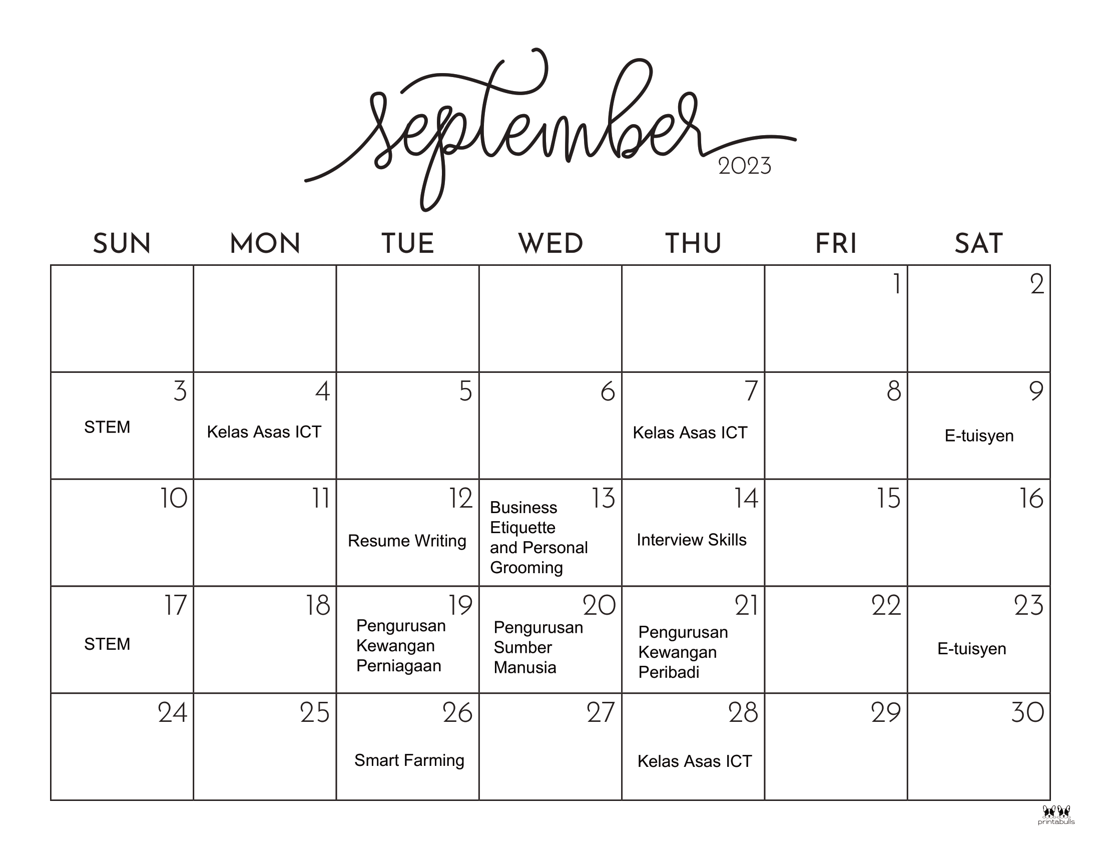 Jadual Perlaksanaan Aktiviti September 2023 pedi