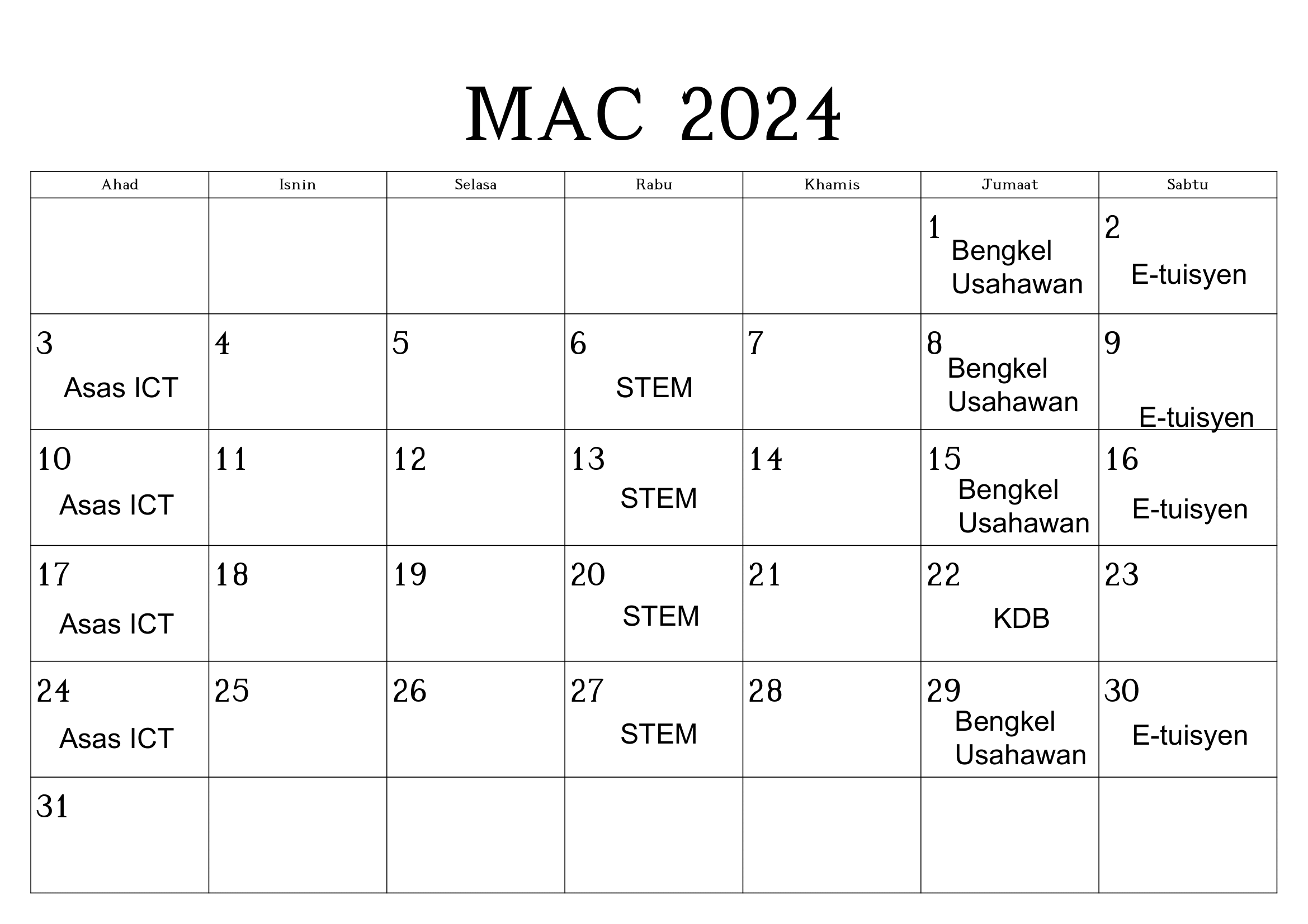 Jadual Perlaksanaan Aktiviti Mac 2024