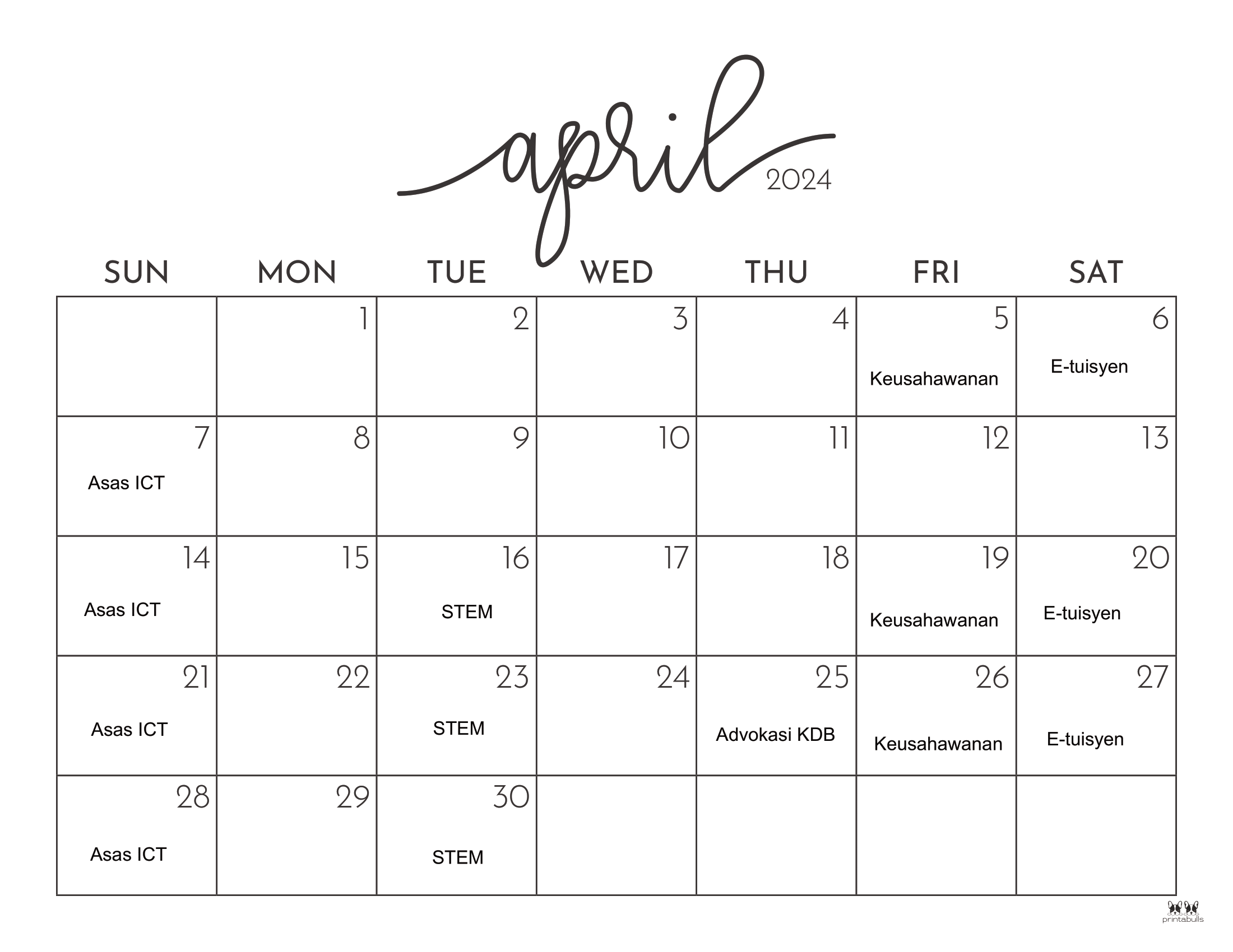 jadual aktiviti april 2024